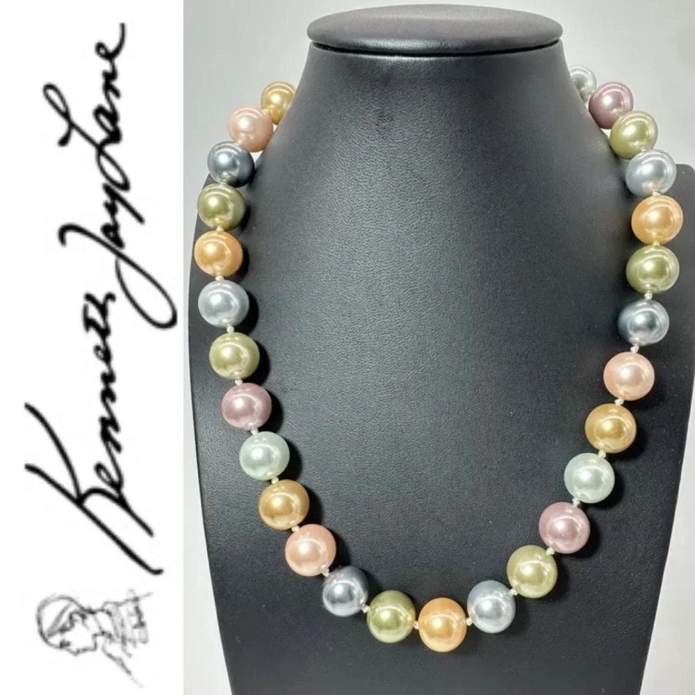 Kenneth Jay Lane 2009 Inaugural Simulated Pastel Pearl Necklace Signed Vintage